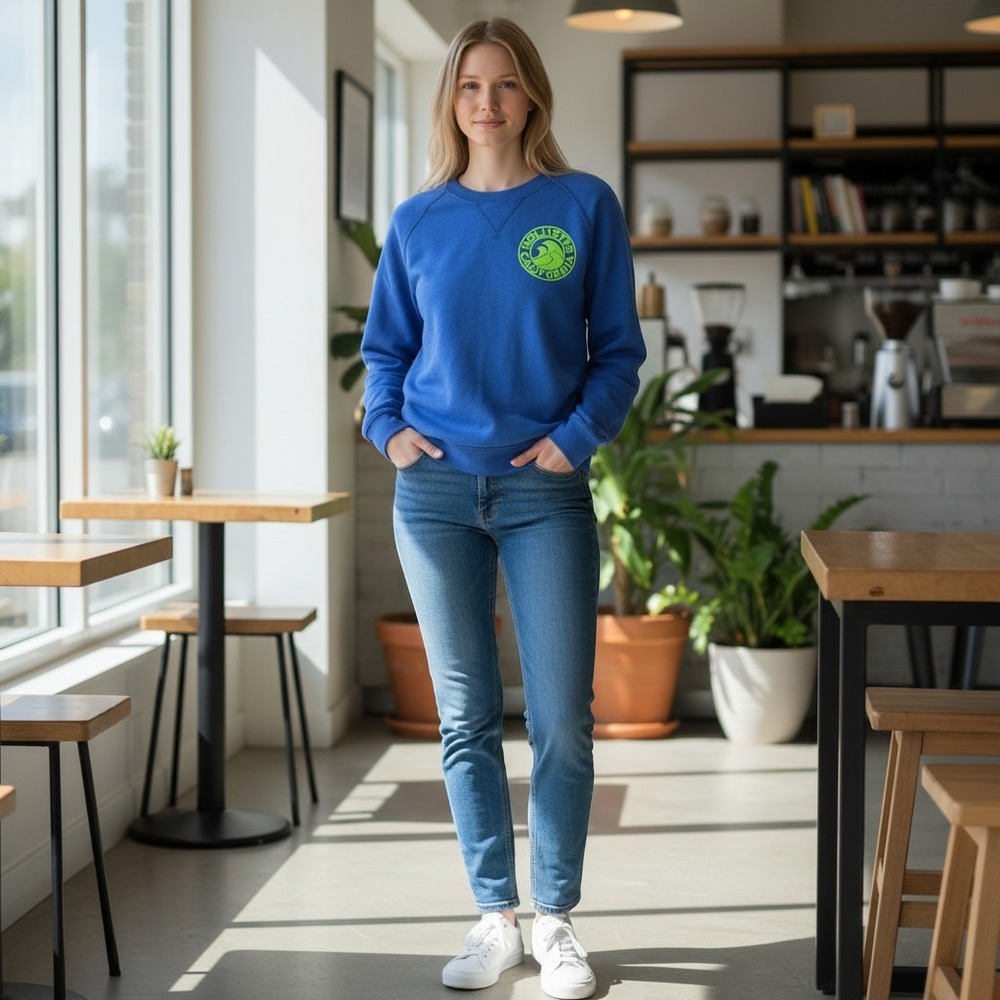 Hollister California Blue Sweatshirt Neon Green Logo Graphic Pullover Small